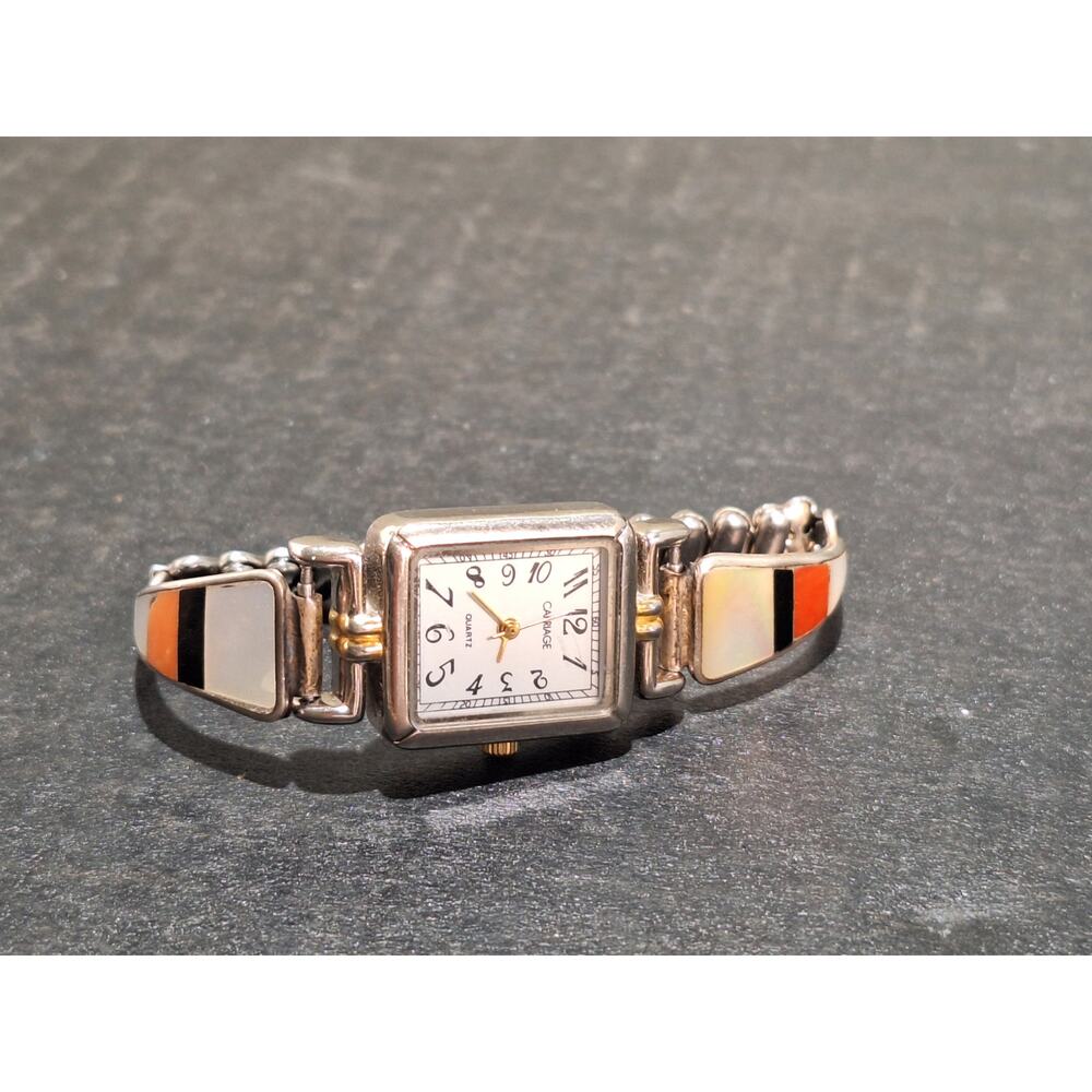 Sterling Watch Tips Mother of Pearl Coral Onyx Inlay Timex Carriage Quartz